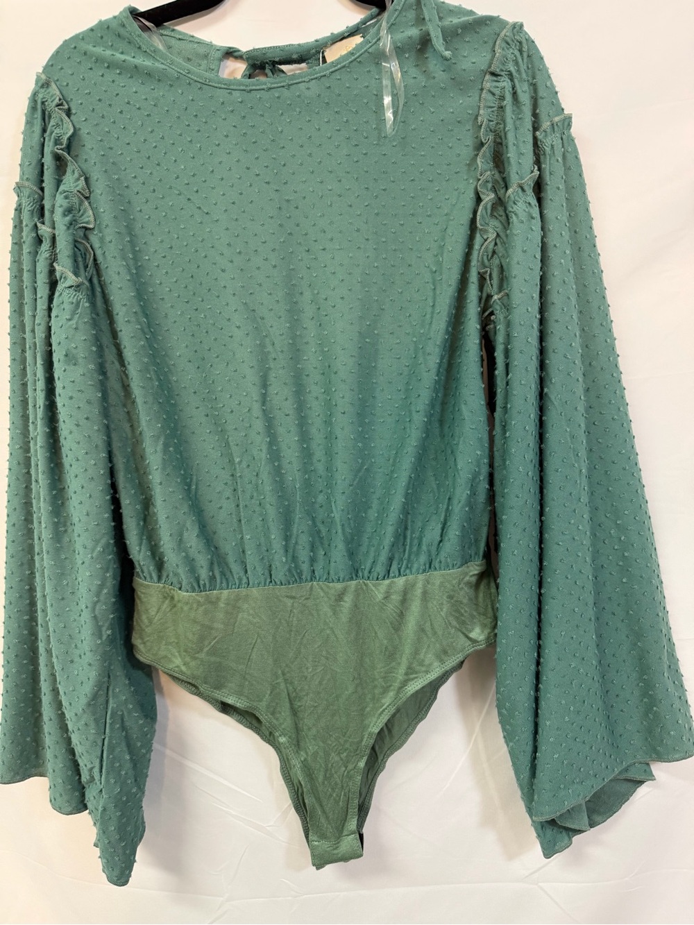 Sage Green Swiss Dot Bell Sleeve Open Back Bodysuit